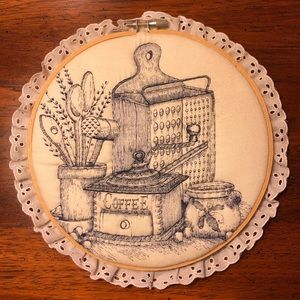 Vintage Embroidery Hoop With Decorative Coffee/Kitchen Print, Lace Border